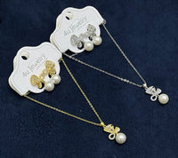Au Jewelry Bow Pearl Drop Pendant Necklace & Stud Earrings Set