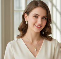 Au Jewelry Bow Pearl Drop Pendant Necklace & Stud Earrings Set