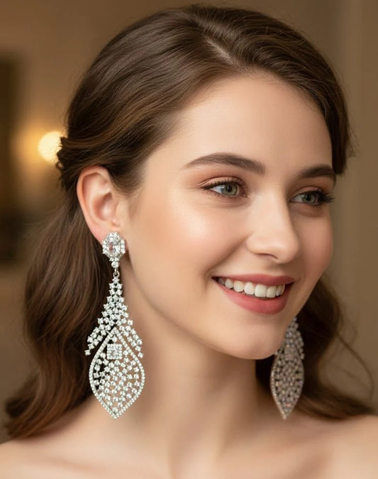 Luxury Leaf-Shaped Cubic Zircon Tassel Drop Earrings