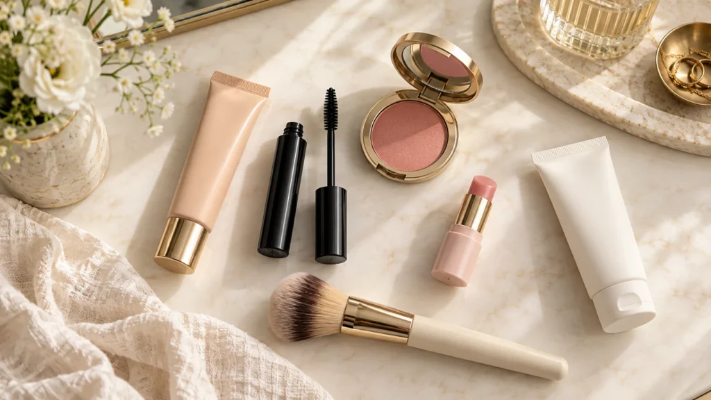 Overhead flat lay of a small curated beauty capsule: one unlabelled tinted base tube, mascara, blush compact, lip balm, a brush and simple skincare tube, neatly arranged on an ivory vanity.