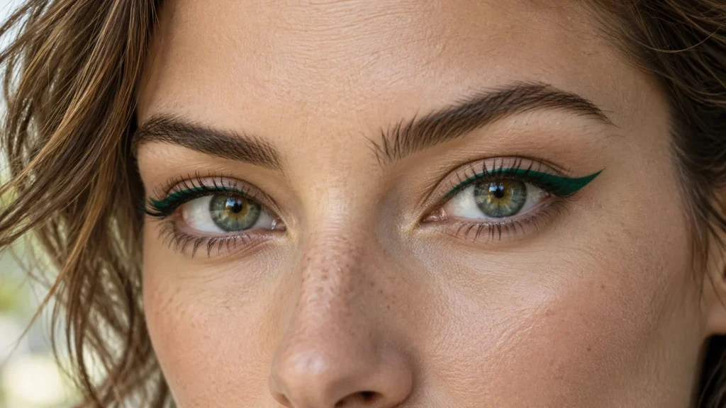Close-up of an adult woman's eyes with a crisp emerald green eyeliner wing, minimal neutral eyelid and natural skin texture, eyes are the clear focus.