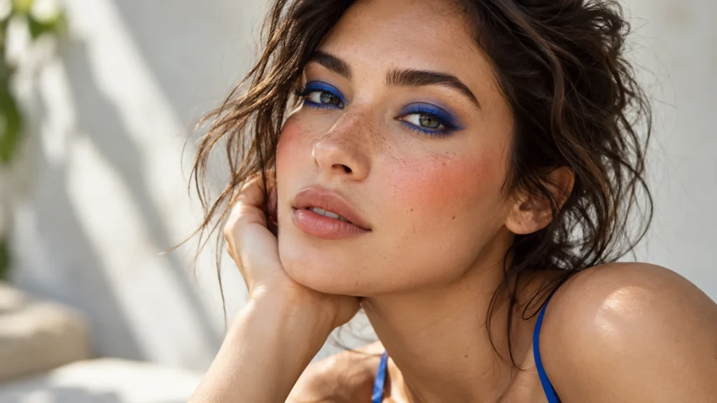 Close-up editorial portrait of an adult woman with wearable cobalt blue eye makeup and warm coral blush, natural skin texture and subtle lips, expressive contemporary beauty.