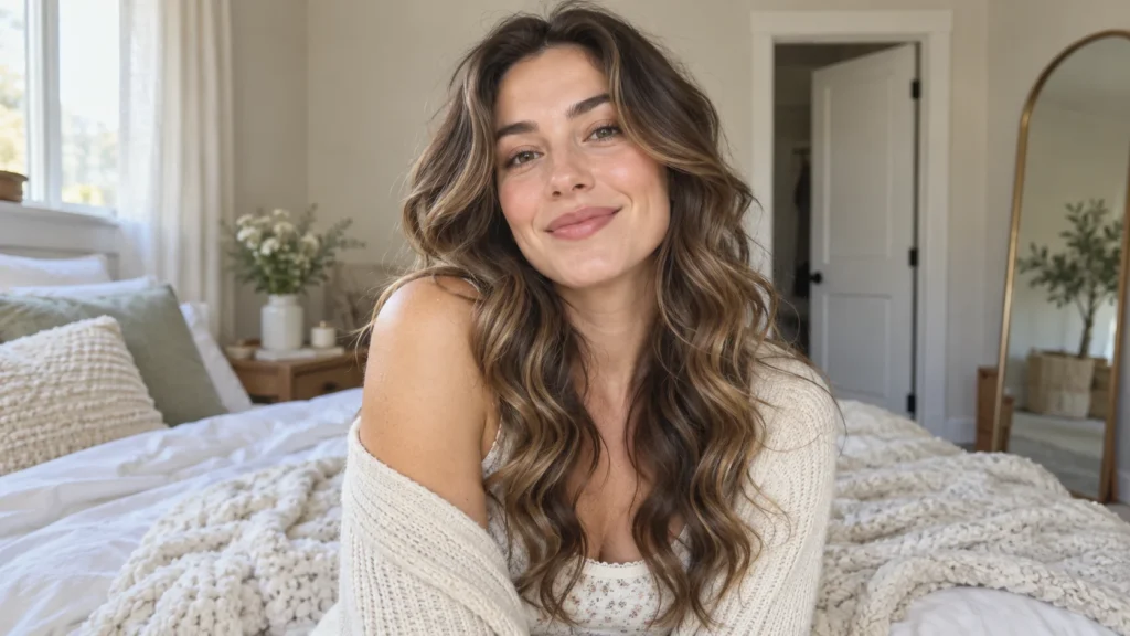 A wide editorial portrait of an adult woman with soft loose heatless waves after removing her satin curling ribbon, natural hair texture, clean softly lit bedroom.