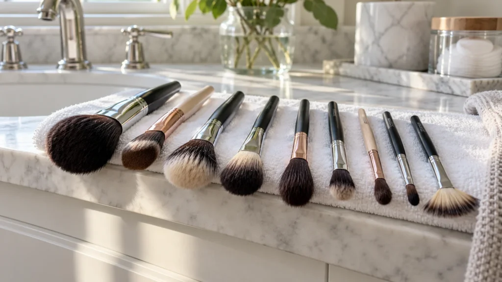A neat row of freshly washed makeup brushes lying horizontally on a folded white towel with bristles projecting over the counter edge to air dry, no water dripping and no products.