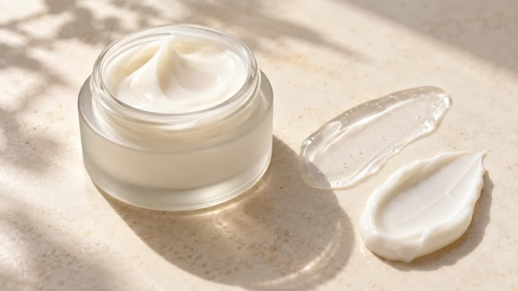 Elegant close-up product texture photograph of an open unbranded moisturizer jar with cream, a light gel moisturizer swatch and a rich cream swatch on an ivory surface.