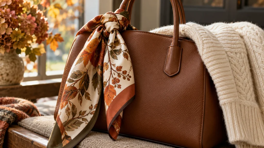 Close-up editorial still life of a patterned silk scarf neatly tied around the handle of a brown leather handbag beside a cream knit sweater, warm autumn colours.