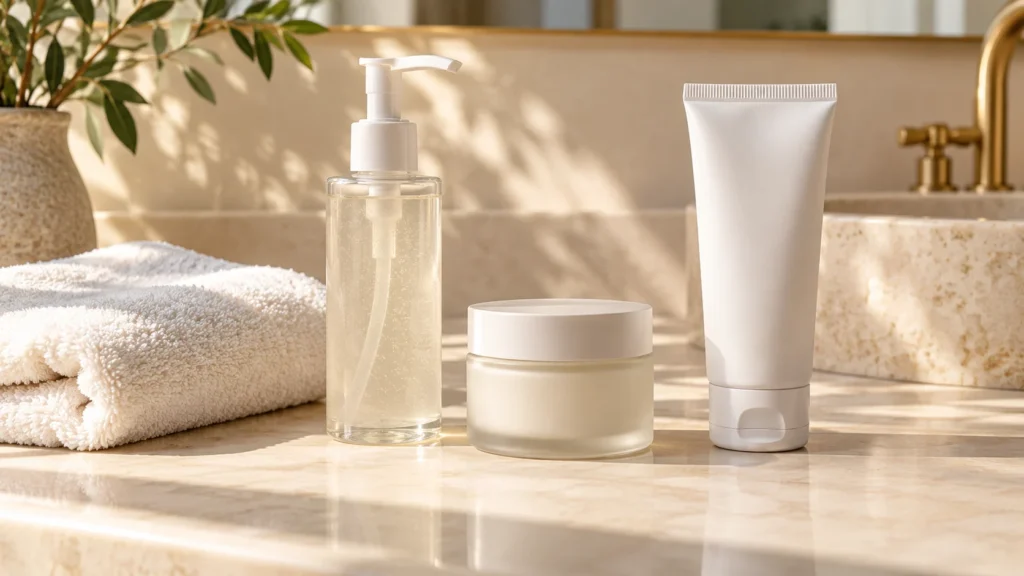 Minimal skincare flat lay: only three unbranded containers representing cleanser, moisturizer and sunscreen, with a folded cotton towel on a warm cream bathroom counter.