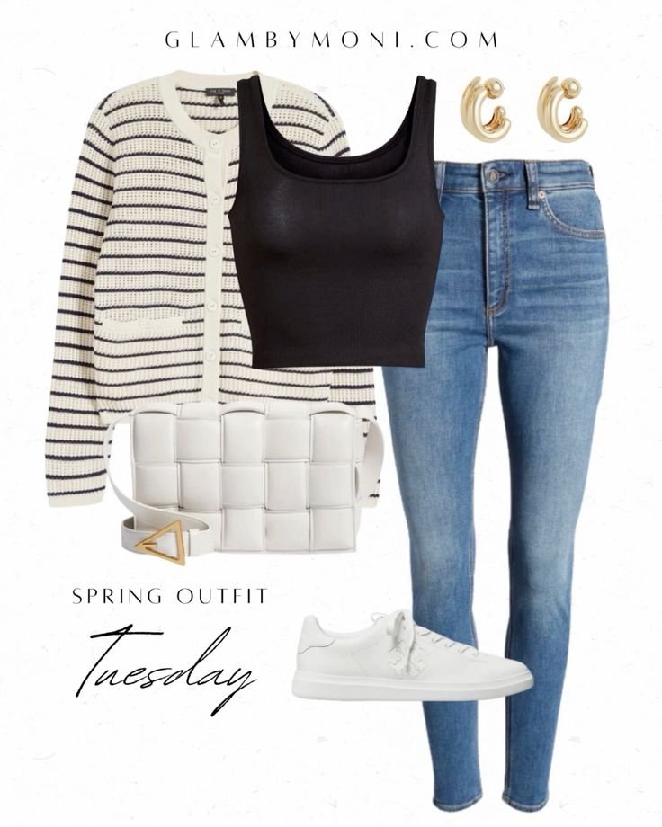 Striped cardigan with blue jeans