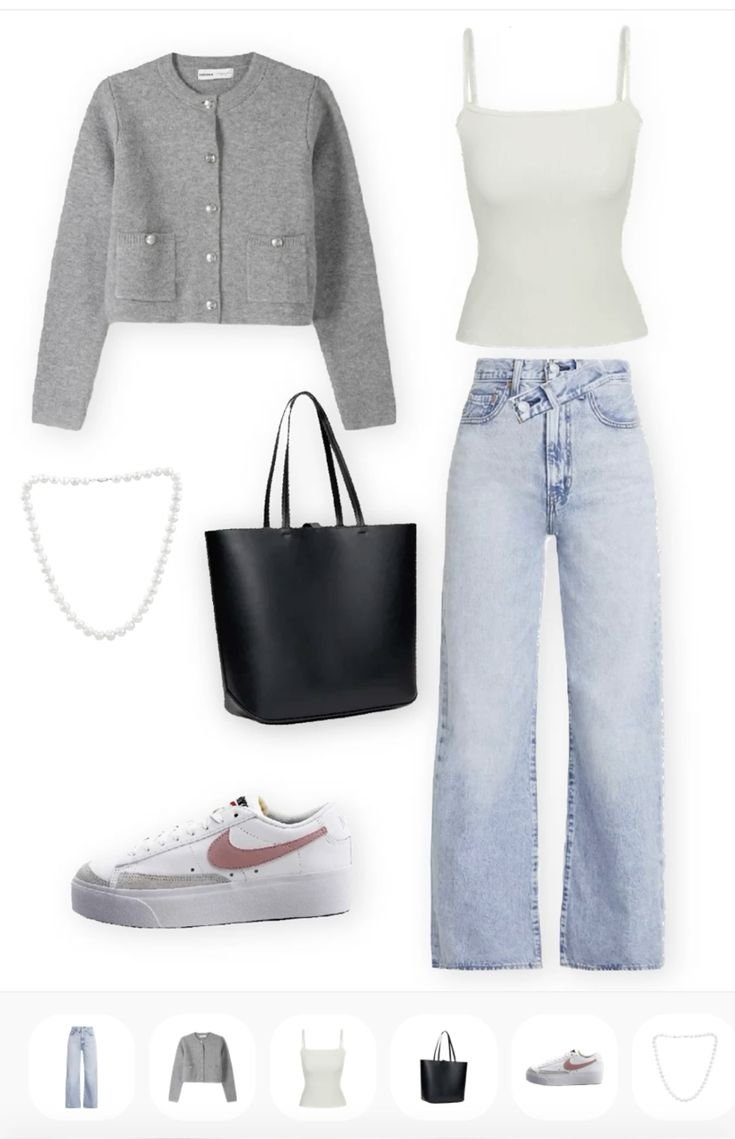 Grey cardigan with blue jeans