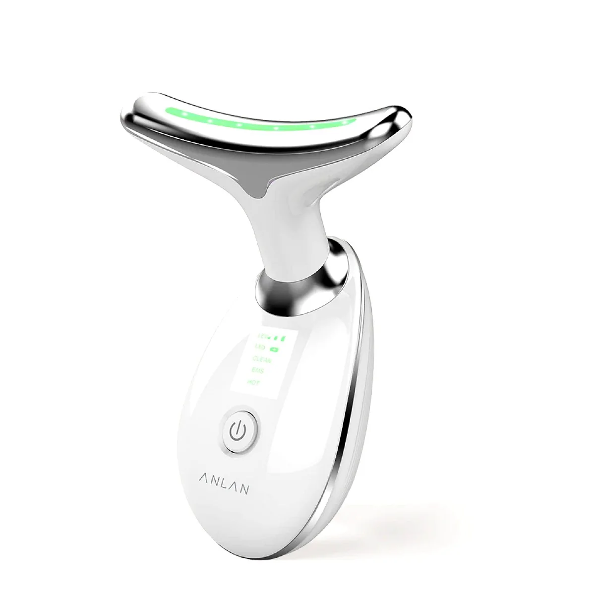 ANLAN EMS Neck and Face Device in white, front view with the green light on