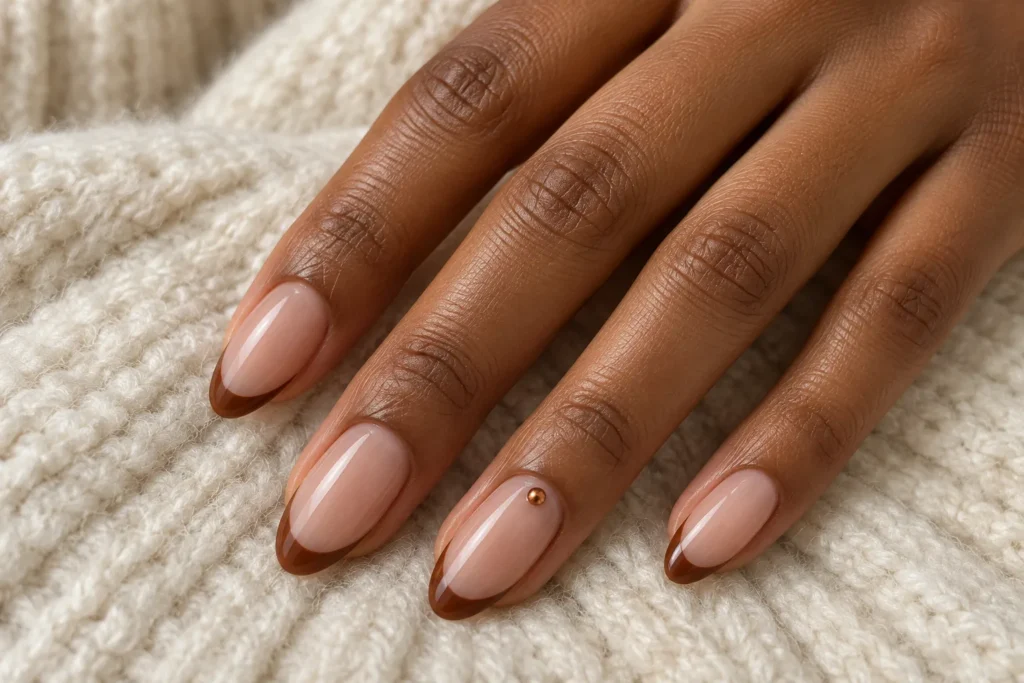 Cinnamon brown French tips on nude almond nails, top view on cream wool.