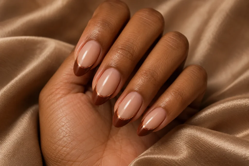 Cinnamon brown French tips on nude almond nails, curled hand on beige satin.