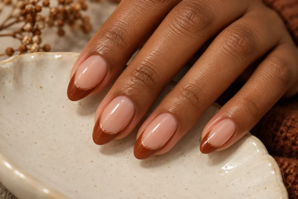Cinnamon brown French tips on nude almond nails, fingertips on an ivory ceramic dish.