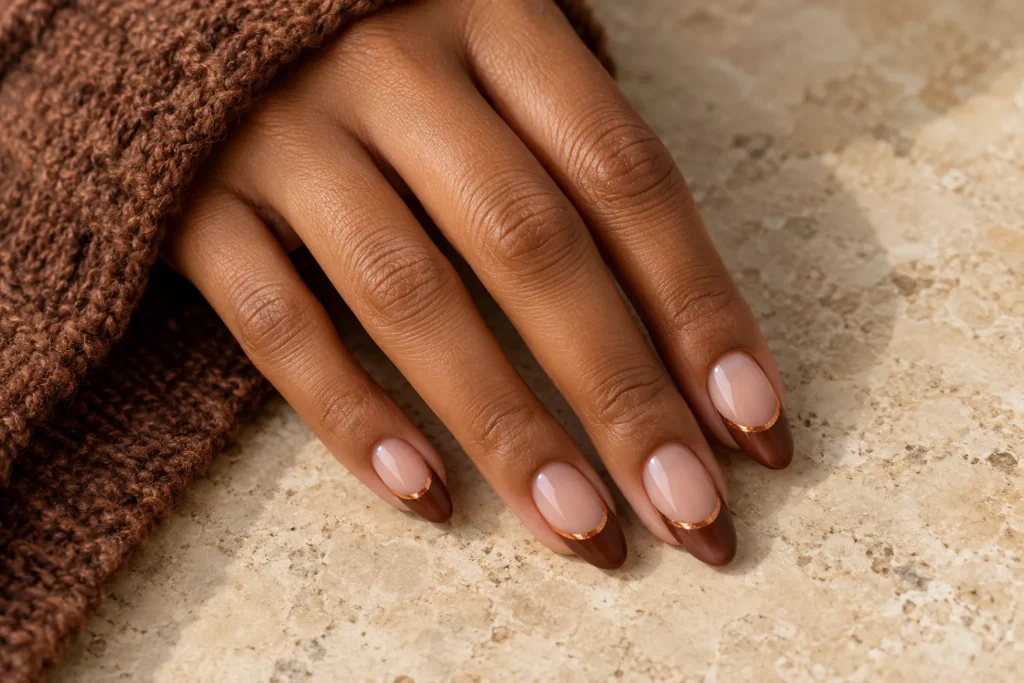 Cinnamon brown French tips on nude almond nails, angled view beside a brown knitted sleeve.