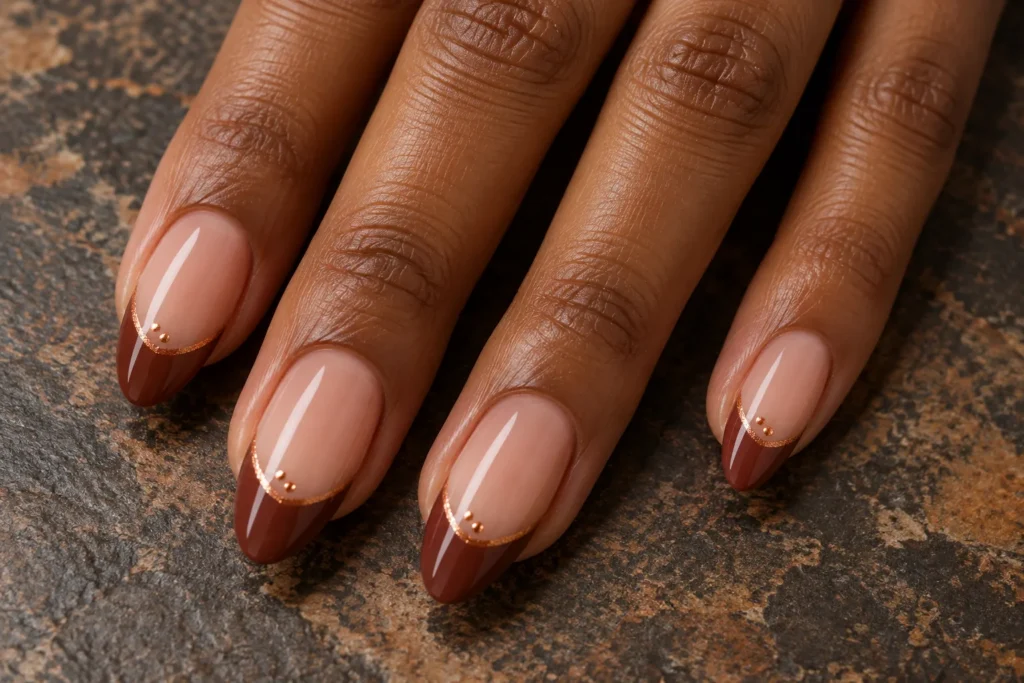 Cinnamon brown French tips on nude almond nails, close-up against dark stone.