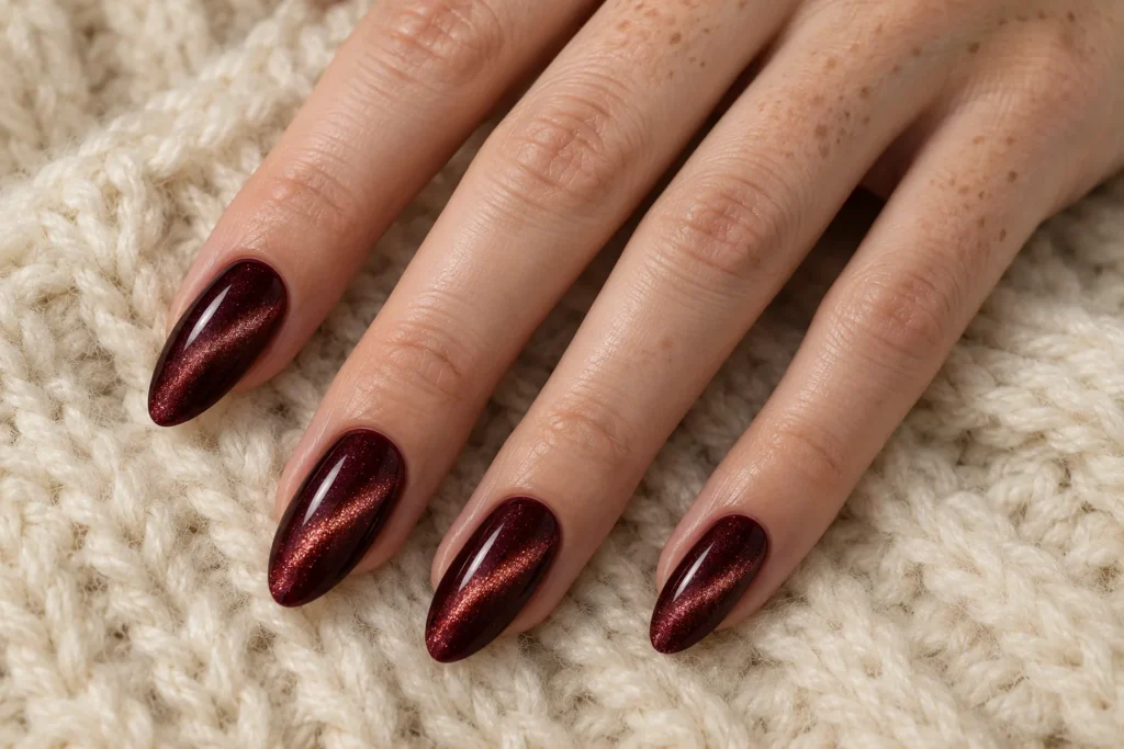Burgundy velvet cat-eye manicure on long almond nails, top view on cream wool.