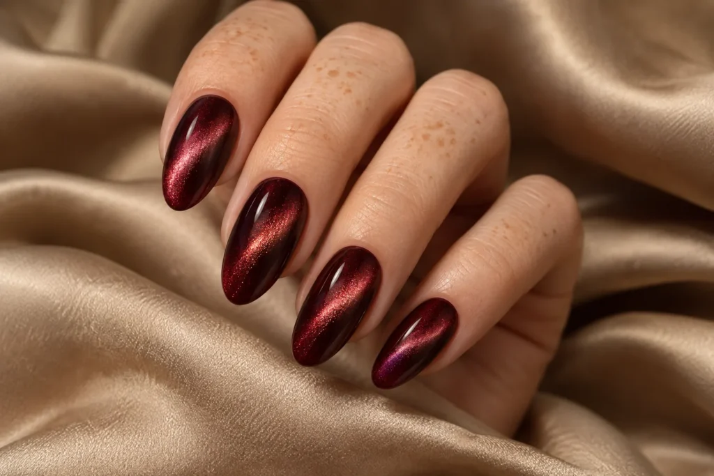 Burgundy velvet cat-eye manicure on long almond nails, curled hand on beige satin.