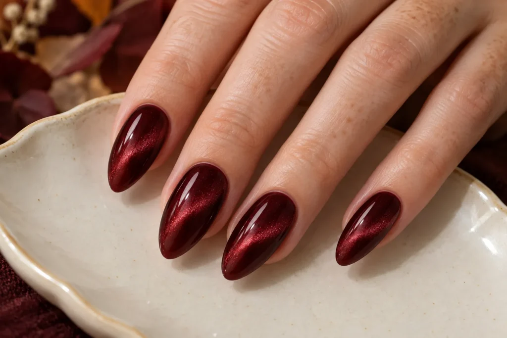 Burgundy velvet cat-eye manicure on long almond nails, fingertips on an ivory ceramic dish.
