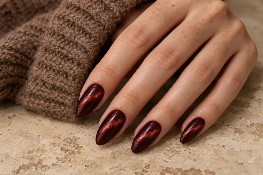 Burgundy velvet cat-eye manicure on long almond nails, angled view beside a brown knitted sleeve.