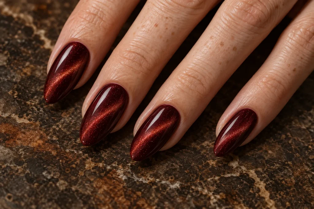 Burgundy velvet cat-eye manicure on long almond nails, close-up against dark stone.