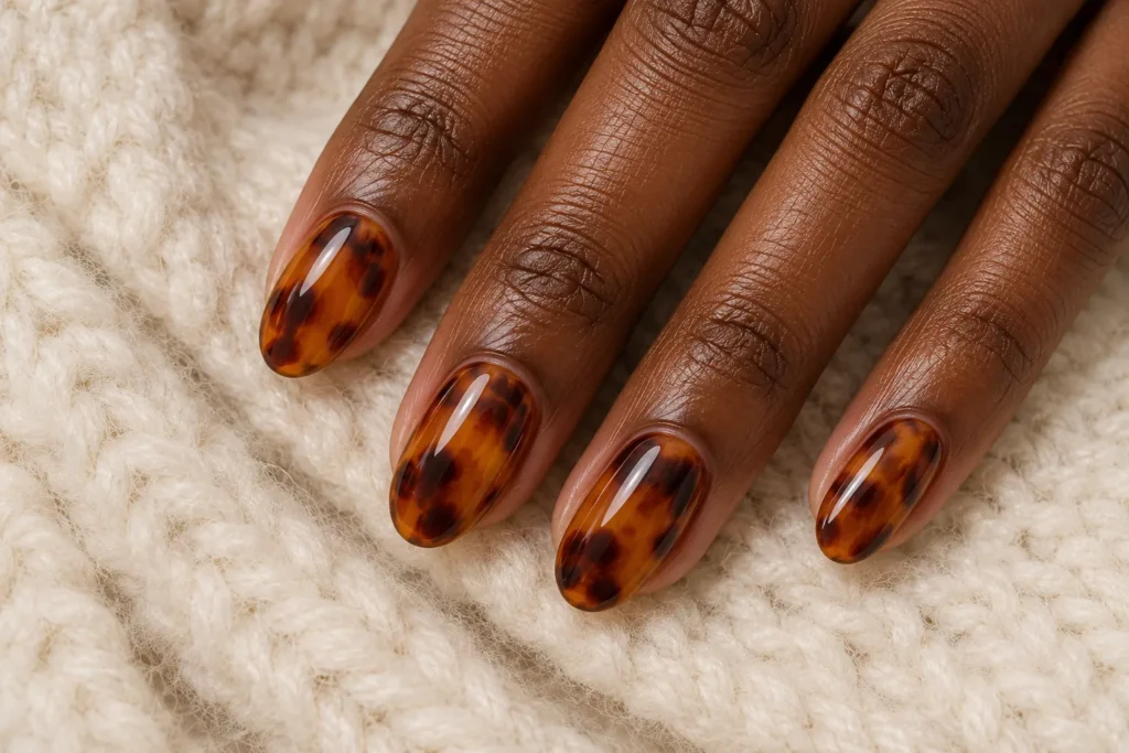 Amber tortoiseshell pattern on oval nails, top view on cream wool.