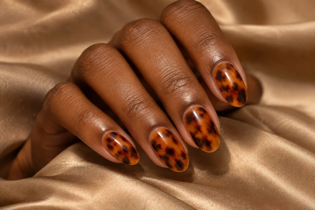 Amber tortoiseshell pattern on oval nails, curled hand on beige satin.