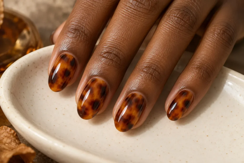 Amber tortoiseshell pattern on oval nails, fingertips on an ivory ceramic dish.