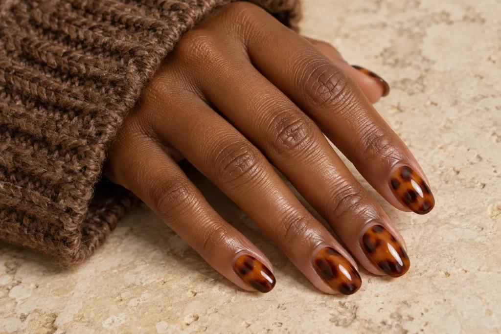 Amber tortoiseshell pattern on oval nails, angled view beside a brown knitted sleeve.