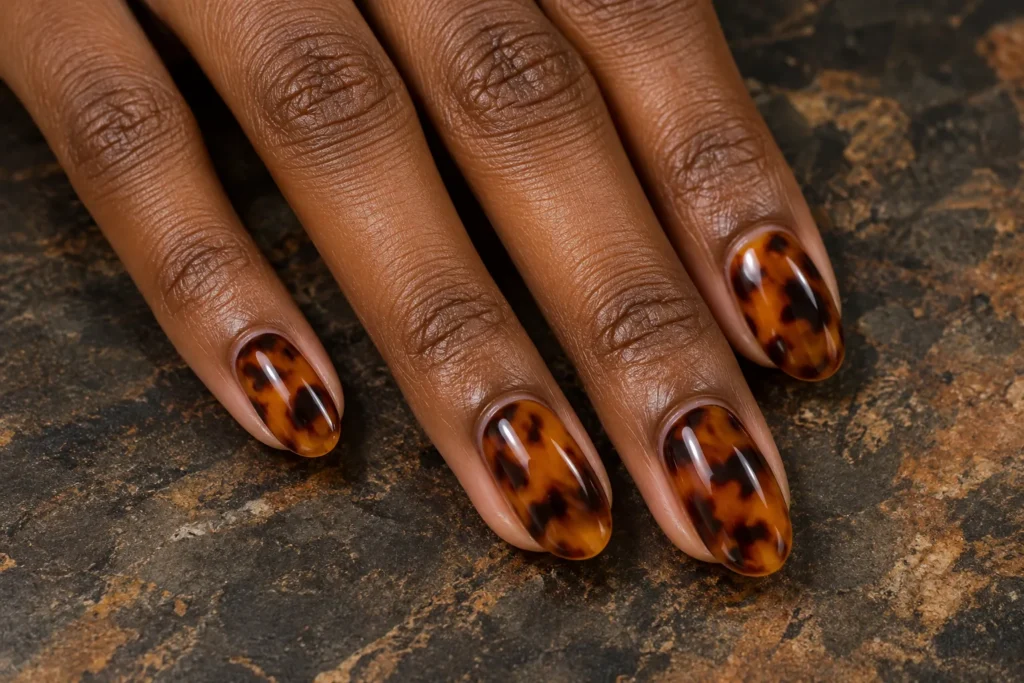 Amber tortoiseshell pattern on oval nails, close-up against dark stone.