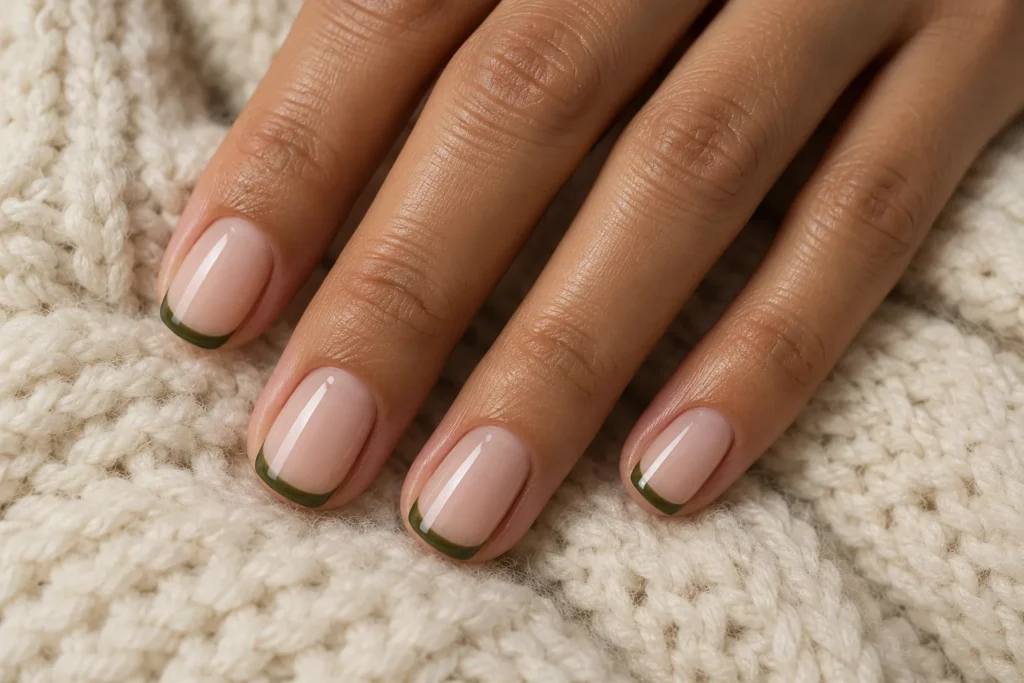 Olive green micro French tips on short nude nails, top view on cream wool.