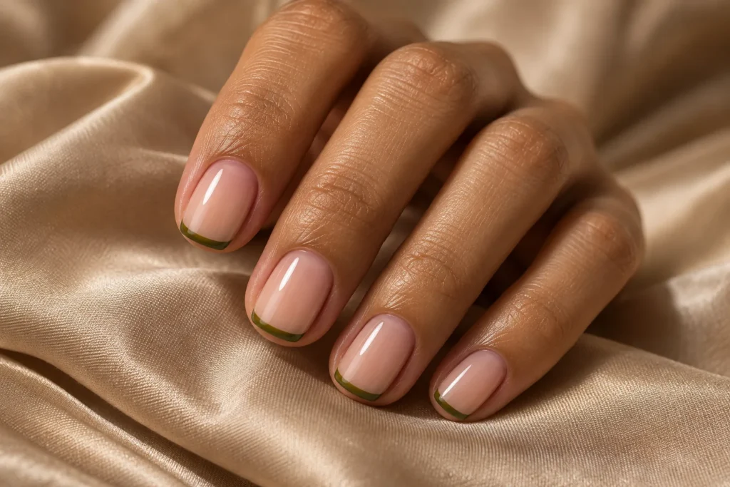 Olive green micro French tips on short nude nails, curled hand on beige satin.