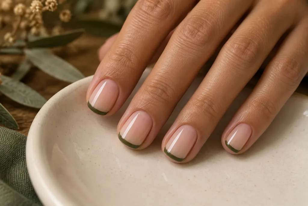 Olive green micro French tips on short nude nails, fingertips on an ivory ceramic dish.