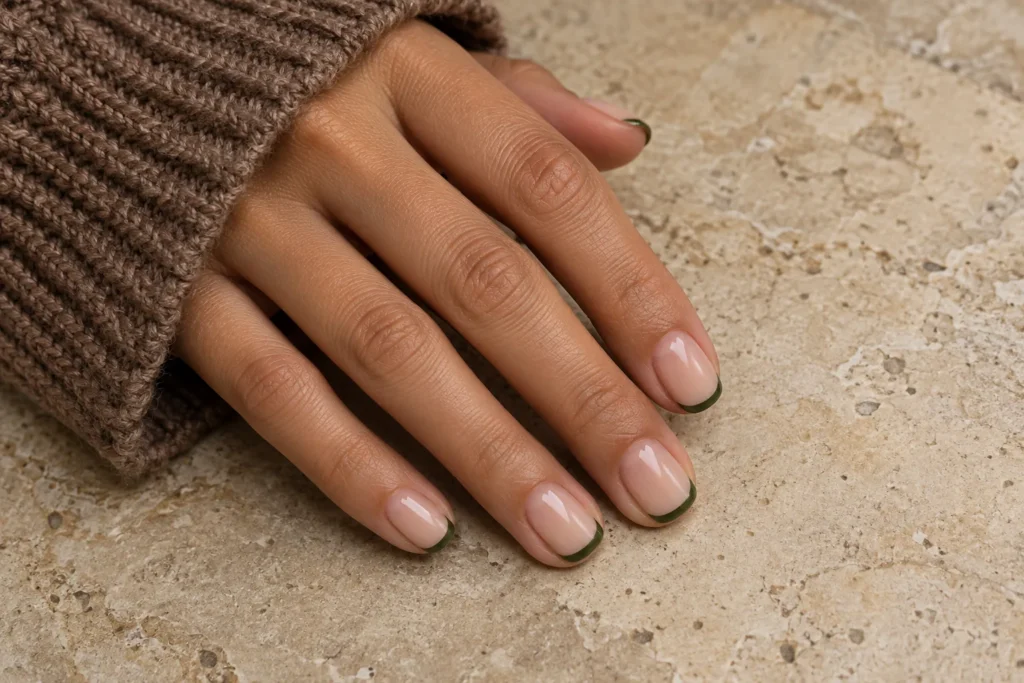 Olive green micro French tips on short nude nails, angled view beside a brown knitted sleeve.