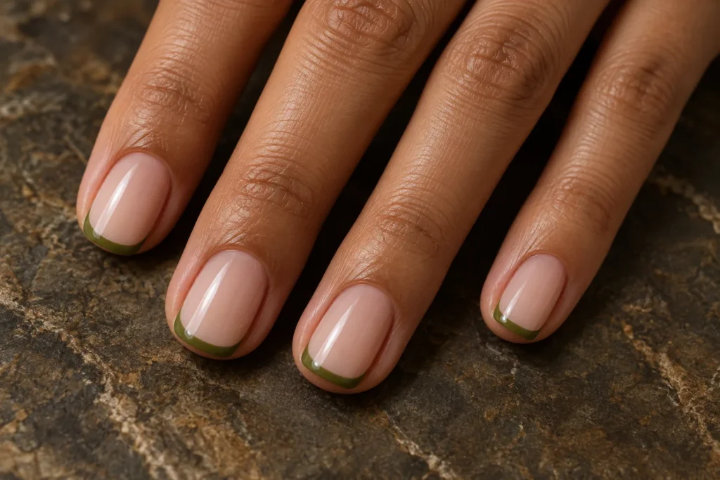 Olive green micro French tips on short nude nails, close-up against dark stone.