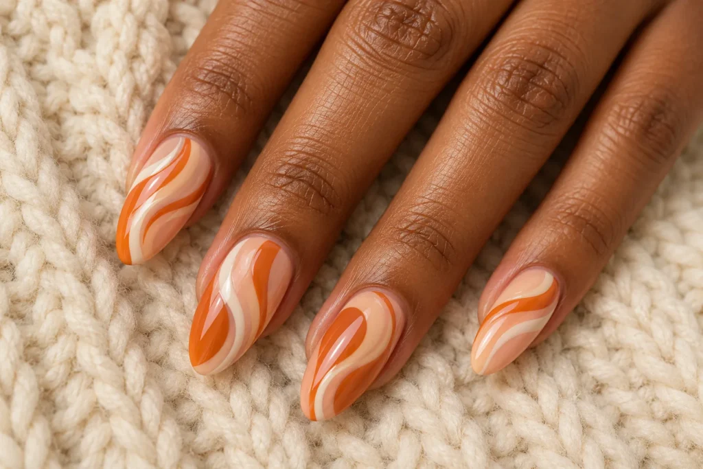 Pumpkin orange and ivory swirls on peach almond nails, top view on cream wool.
