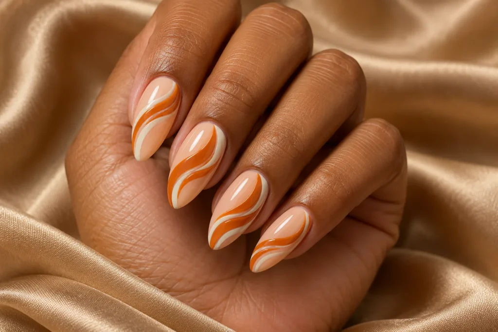 Pumpkin orange and ivory swirls on peach almond nails, curled hand on beige satin.