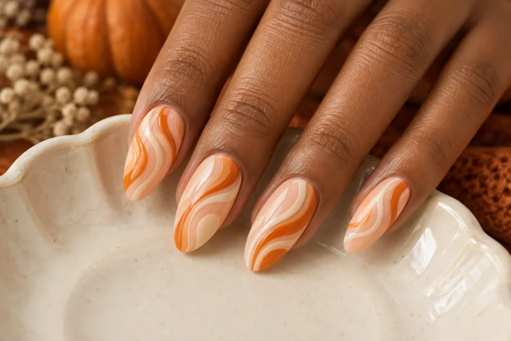 Pumpkin orange and ivory swirls on peach almond nails, fingertips on an ivory ceramic dish.