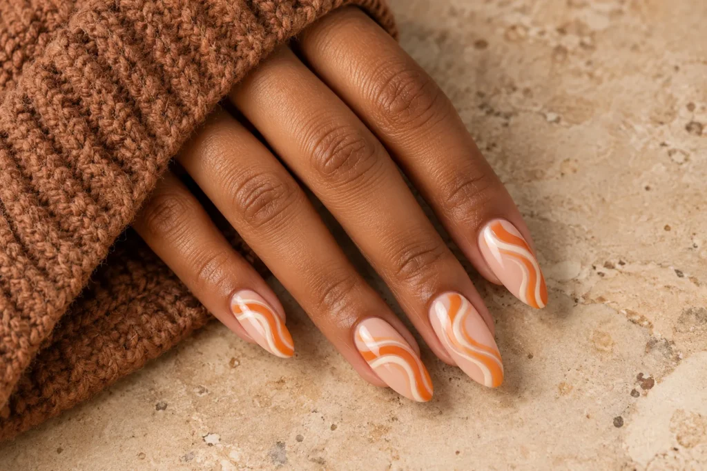 Pumpkin orange and ivory swirls on peach almond nails, angled view beside a brown knitted sleeve.