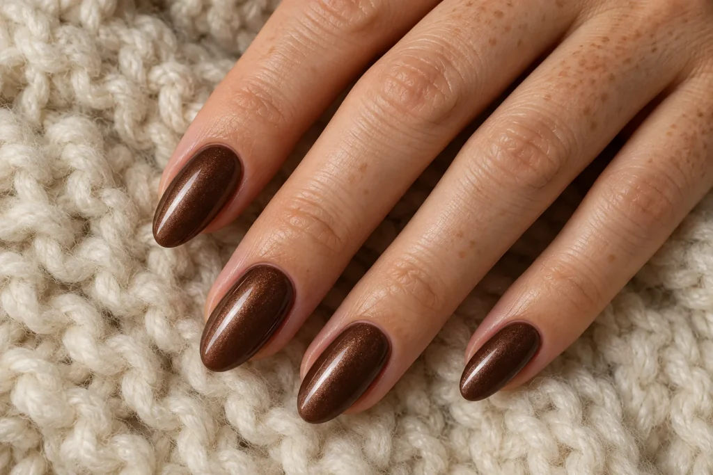Chocolate glazed manicure on almond nails, top view on cream wool.