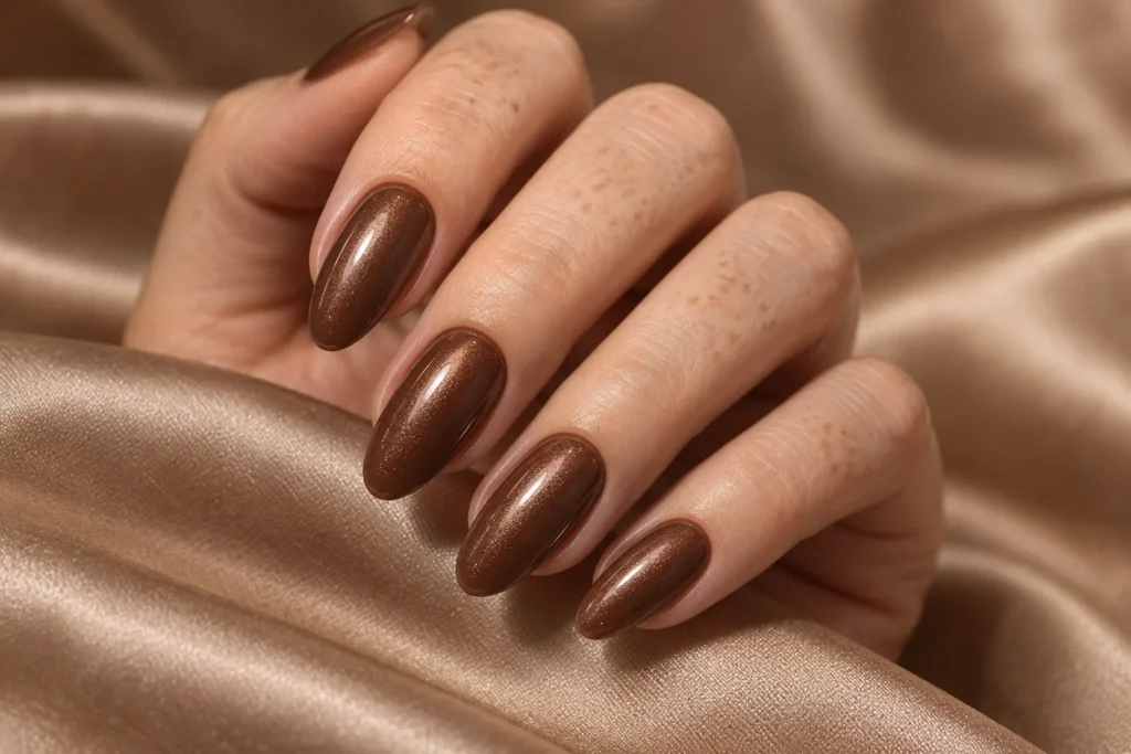 Chocolate glazed manicure on almond nails, curled hand on beige satin.
