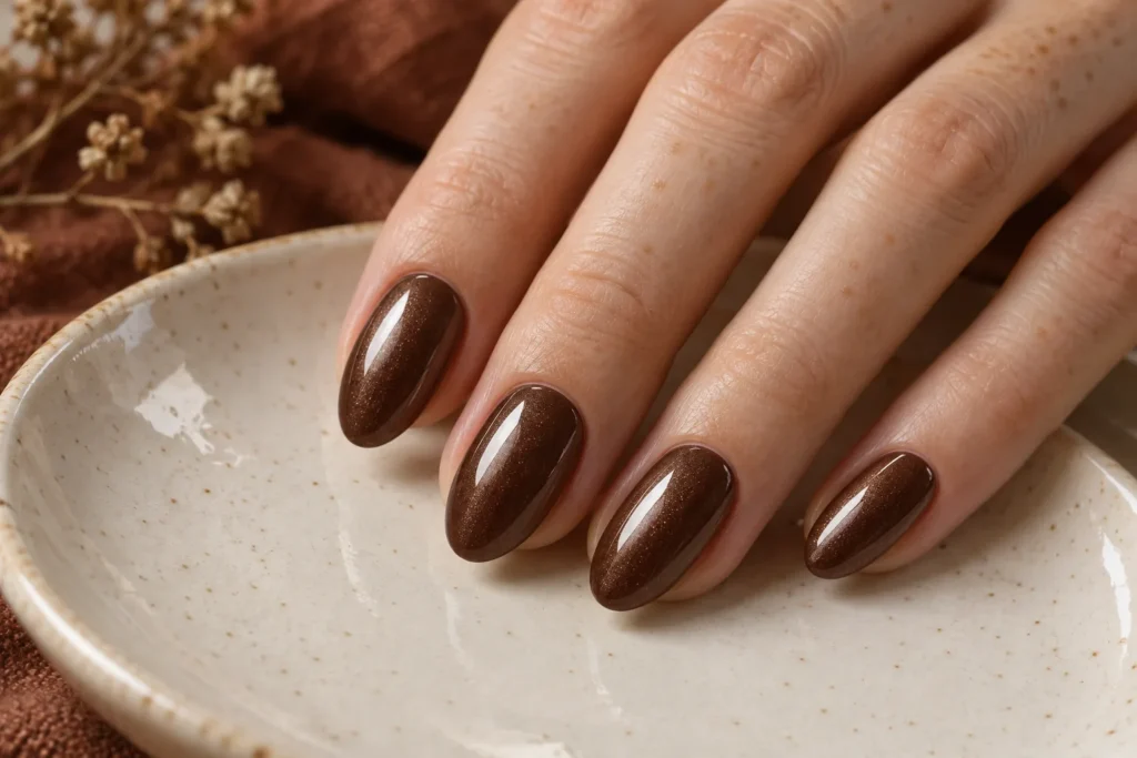 Chocolate glazed manicure on almond nails, fingertips on an ivory ceramic dish.