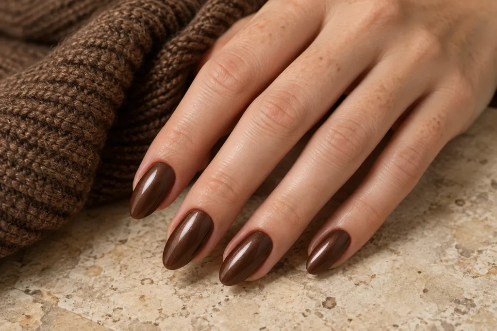 Chocolate glazed manicure on almond nails, angled view beside a brown knitted sleeve.