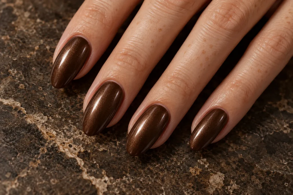 Chocolate glazed manicure on almond nails, close-up against dark stone.