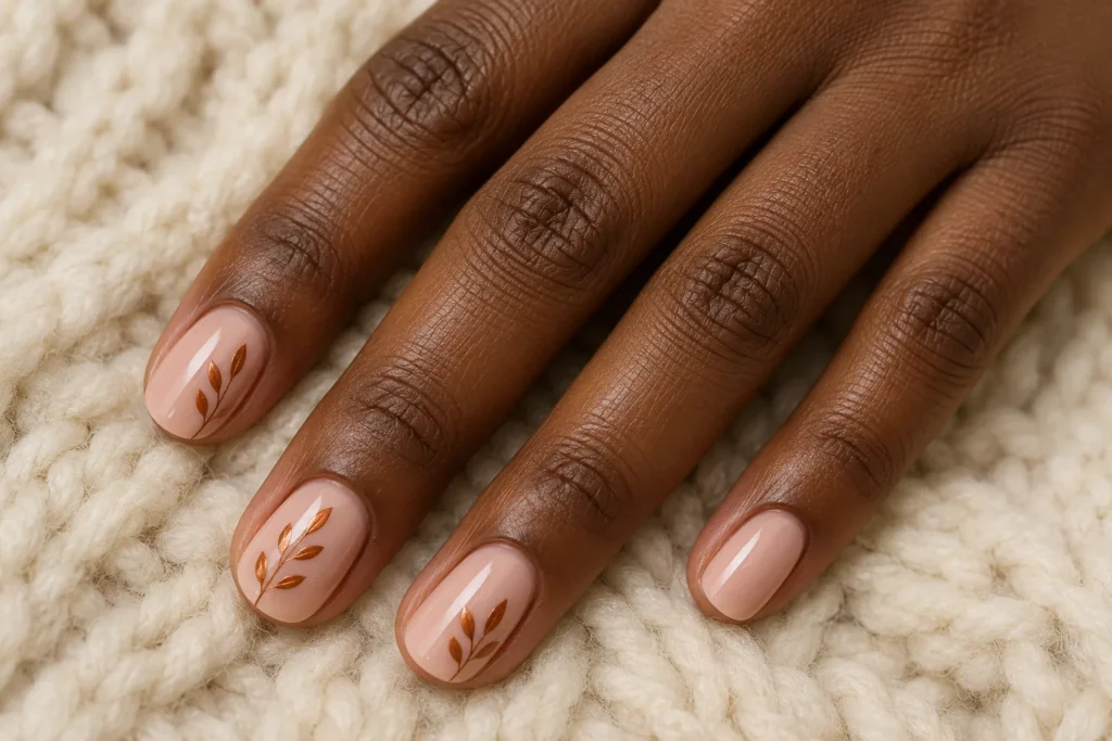 Copper leaf accents on short nude nails, top view on cream wool.