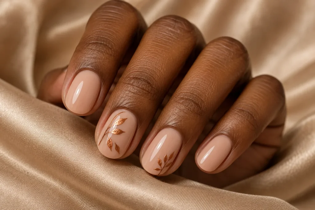 Copper leaf accents on short nude nails, curled hand on beige satin.