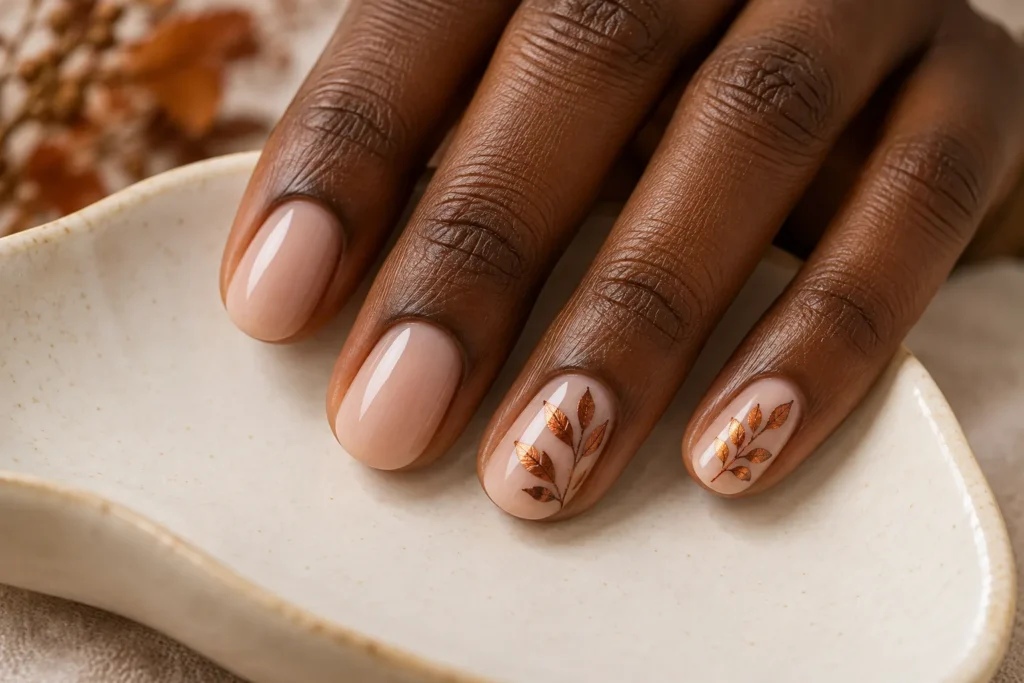 Copper leaf accents on short nude nails, fingertips on an ivory ceramic dish.