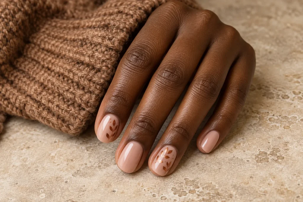 Copper leaf accents on short nude nails, angled view beside a brown knitted sleeve.