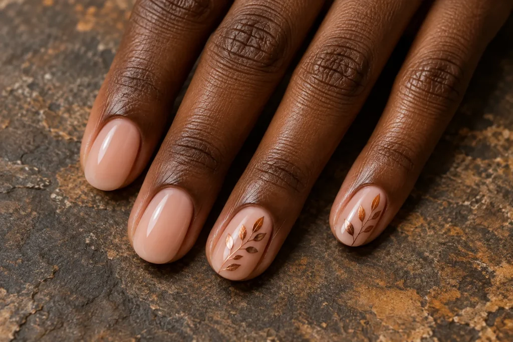 Copper leaf accents on short nude nails, close-up against dark stone.