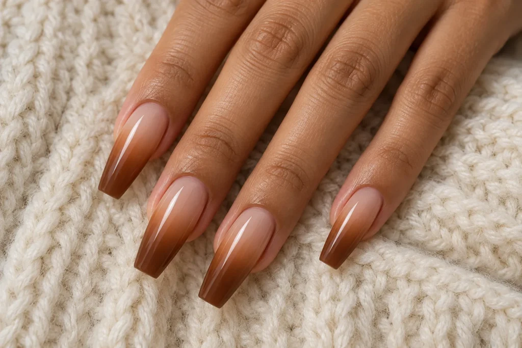 Caramel and nude ombre on long coffin nails, top view on cream wool.