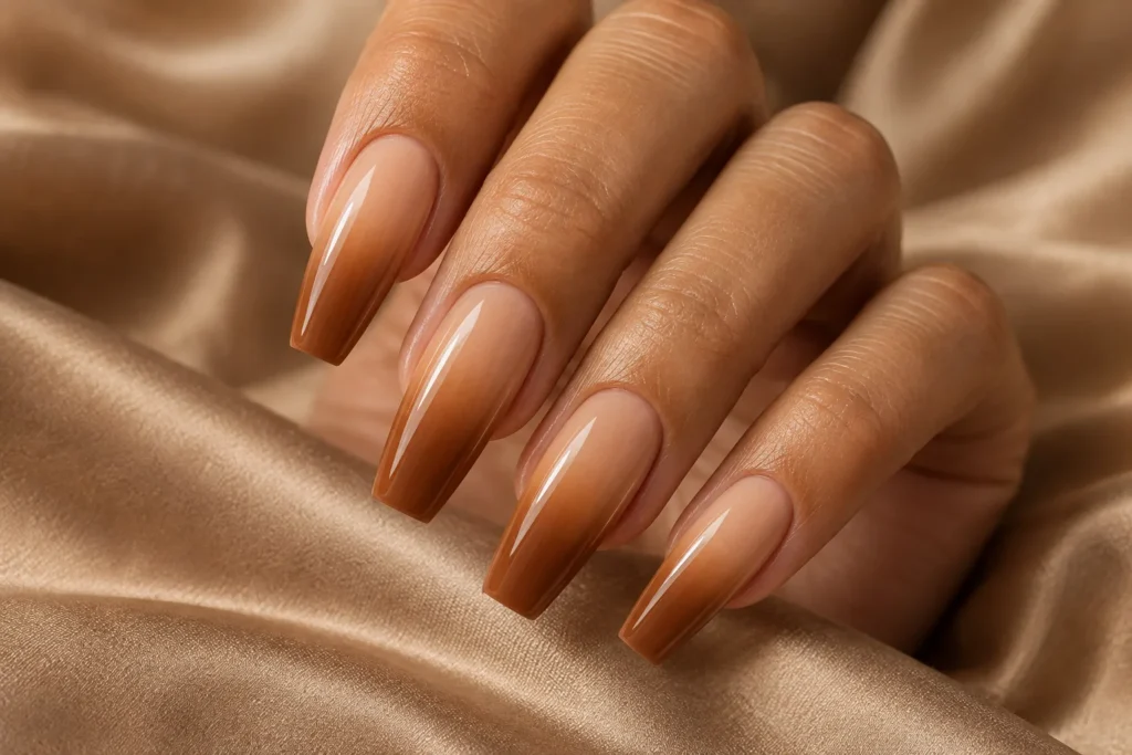 Caramel and nude ombre on long coffin nails, curled hand on beige satin.